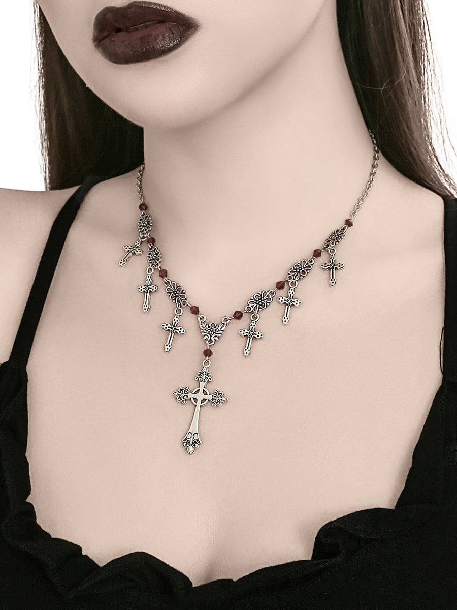 Scarlet Beaded Cross Necklace